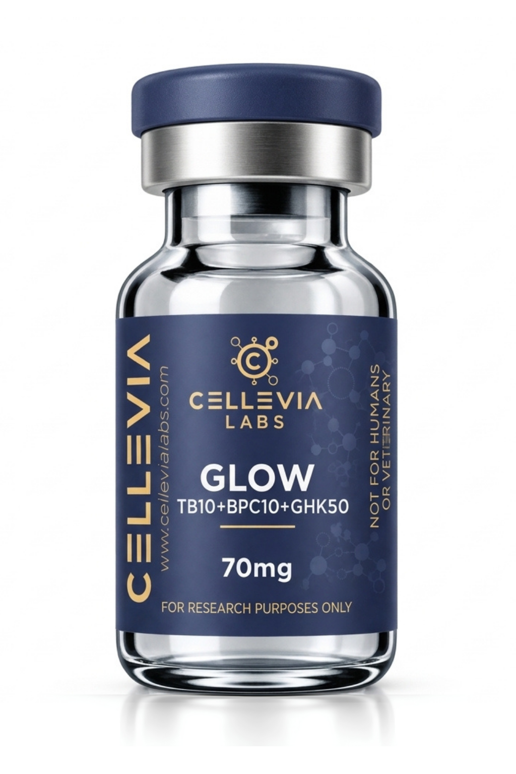 A glass vial of Cellevia Labs Glow TB10+BPC10+GHK50, 70mg, with a dark blue label and a metallic silver cap, shown on a white background.
