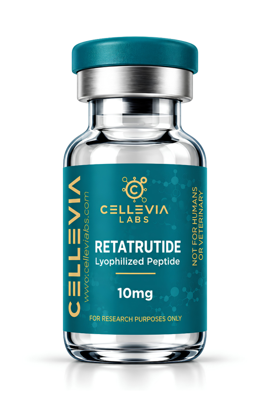 A clear glass vial with a teal and silver cap, featuring a teal label for Cellevia Labs Retatrutide 10mg lyophilized peptide, shown on a white background.